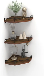 Corner Shelf Wall Mounted Set of 3, Floating Wall Shelves Rustic Wooden Storage - Picture 1 of 7