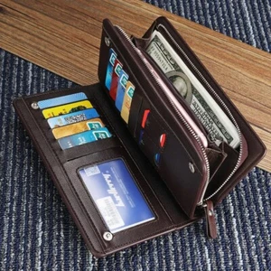 Large Capacity Leather Bifold Wallet/Credit Card Holder for Men Long Clutch Bag - Picture 1 of 12