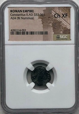 ROMAN EMPIRE CONSTANTIUS II AD 337-361 AE4 BI NUMMUS  - NGC CH XF -  FREE SHIP! - Image 1 of 2