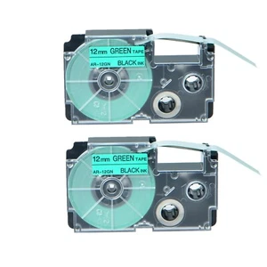 2PK 12mm Black on Green Label Compatible with Casio XR-12GN XR12GN Tape 1/2" - Picture 1 of 9