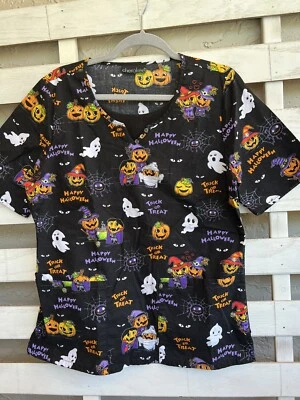 Cherokee Scrub Top Black Pockets Halloween Trick or Treaters Ghost Womens L. - Image 1 of 4