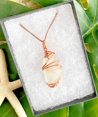 Copper Wire Wrapped CLEAR FROST Sea Glass Pendant Necklace 18" Beach Jewelry - Изображение 1 из 4