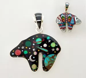 Wendbarer himmlischer türkisfarbener Opal Abalone Multi-Inlay 0,925 Silberbär Anhänger - Bild 1 von 3