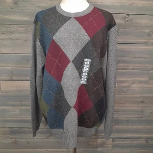 Lambswool Sweater Mens Large Gray Pewter Argyle Preppy Academic Crew Neck NWT - Picture 1 of 10