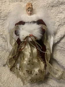 Christmas Angel Tree Topper with White Feather Wings & Faux Fur & Lace 12” - Picture 1 of 6
