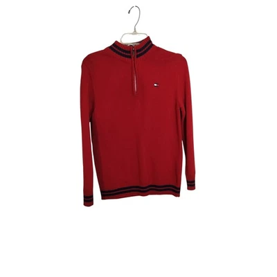M718) Tommy Hilfiger Boys Red Knitted Quarter Zip Pullover Sweater L (16/18) - Image 1 of 4