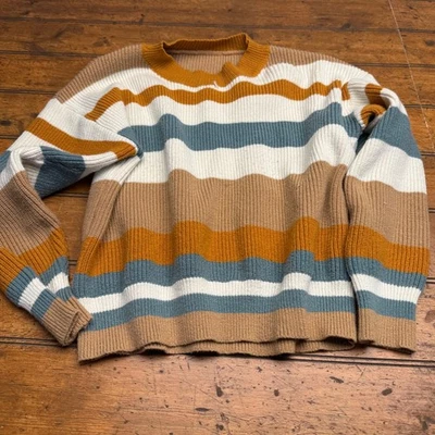 Striped Crew Neck Long Sleeve Sweater Women's Size L Mustard White Blue Tan - Image 1 of 4