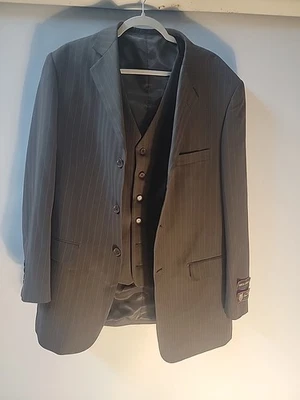 Giorgio Fiorelli Tan Striped Retro Pleated 3pc Suit 42L Blazer 36W Pants & Vest - Image 1 of 4