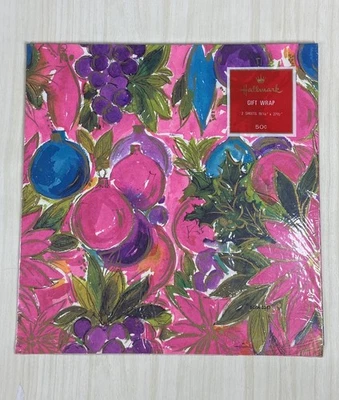 Papel de envolver colorido vintage años 60 adornos de Navidad fruta rosa MCM Foto 1 de 4