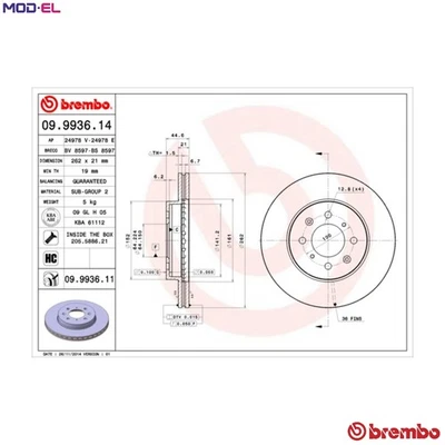 2x BRAKE DISC 09.9936.11 FOR HONDA FIT/IV/III/MONOCAB CITY JAZZ CIVIC/VII 1.7L - Image 1 of 4