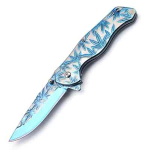 8.07 inches Cannabis Blue Leaf Pocket Folding Knife Camping Fishing Hiking - Picture 1 of 6