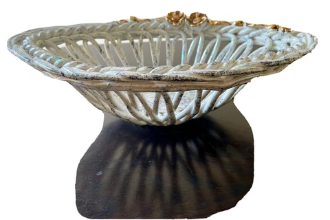 Vintage Ceramic Woven Basket White Gray and Gold Flowers Cover