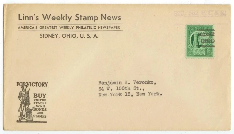 WWII patriotic Linn's Stamp News Sidney Ohio precancel - Image 1 of 1