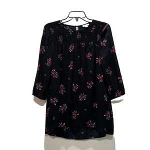 J Jill Black Floral Tunic Top Womens Sz XS 3/4 Sleeve Rouch Neckline Artsy Shirt - Picture 1 of 14