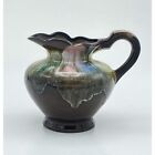 Vintage Redware Pottery Creamer Pitcher With Rainbow Drip Glaze and Scallop Rim
