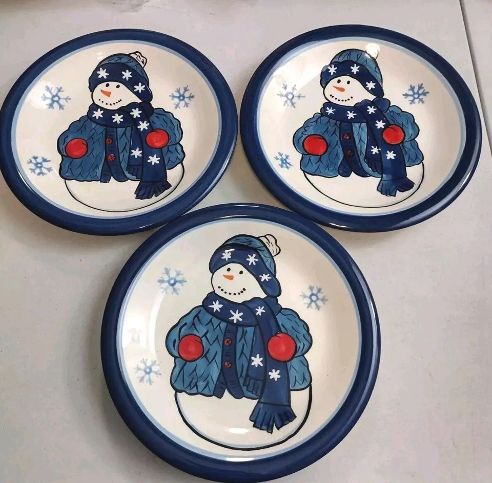 Libbey Snowman 8" Plates Salad Luncheon Ceramic Christmas Winter Blue Snowflake - Image 1 of 4