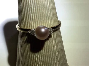 14k Yellow Gold 5mm Pink Pearl w/ (6) Small Diamond Chips Ring Size 6.75 - Picture 1 of 5