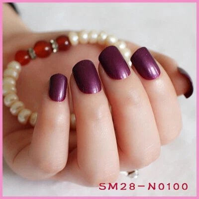 24 Short press on nails kit w glue Purple sheen burgundy darl - Image 1 of 4