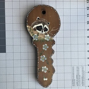 Hand Painted FOREST RACCOON Cottagecore Wood Key Plaque Fantasy Animal Wall Art - Picture 1 of 8