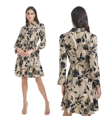 CALVIN KLEIN Brushstroke Floral A-Line Tie Waist Dress Tan Black Size 12 - Image 1 of 4