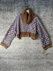 Free People Sweater Womens Small Brown Blue Cropped Shawl Collar Geometric Knit - Picture 1 of 8