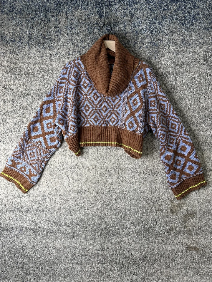 Suéter Free People Mujer Pequeño Marrón Azul Cuello Chal Recortado Tejido Geométrico Foto 1 de 4