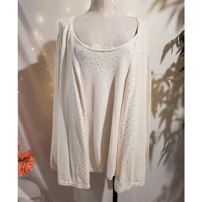 Quacker Factory Rhinestone Twofer Cardigan Size 3X Cream Sparkle Glam Holiday - Image 1 of 4