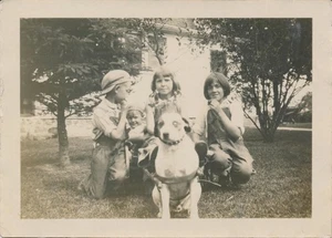 Schnappschuss Vintage Foto kleine Kinder Overall Jungen Mädchen Hund Haustier Tier Spielwagen - Bild 1 von 6