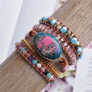 Natural Gemstone Beaded Impression Jasper Geode Wrap Bracelet Beads Hearts Gold - Picture 1 of 5