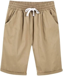 Women's Casual Elastic Waist Knee-Length Curling Bermuda Shorts Khaki XXL - Picture 1 of 7