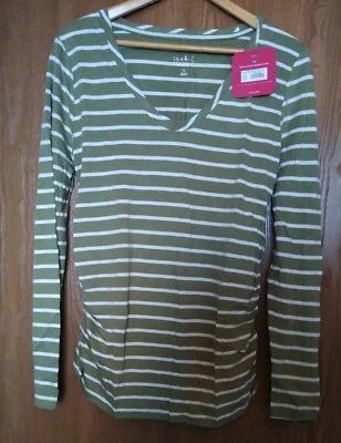 Ingrid & Isabel Maternity Olive White Stripe Size M Shirred Sides Medium New - Image 1 of 3