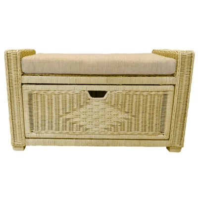 Bruno Hecho a Mano 32" Ratán Mimbre Cofre Almacenamiento Otomano con Cajón, Blanco Lavado Foto 1 de 2