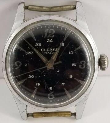 1950's Clebar relógio estilo militar, mostrador 24 horas preto, 4 reparos - Imagem 1 de 4