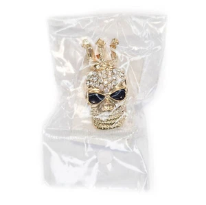 Gothic Gold Skull Head Brooch Crystal CZ Shiny Skeleton Back Pin Small Unisex - Picture 1 of 3