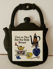 Vintage Cast Iron LEGO Tile Trivet Ceramic - Give Us This Day Our Daily Bread 