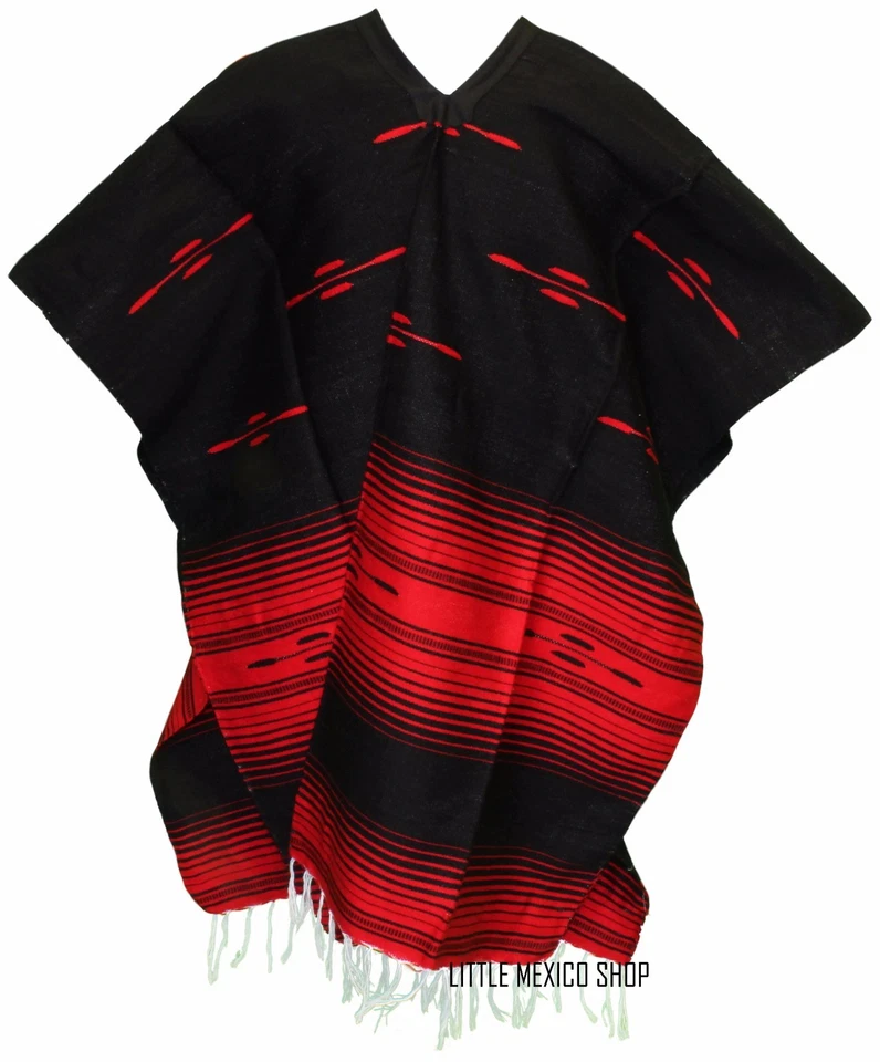 TRIBAL SERAPE Mexican PONCHO - Black Red - ONE SIZE FITS ALL Blanket Gaban - Image 1 of 1