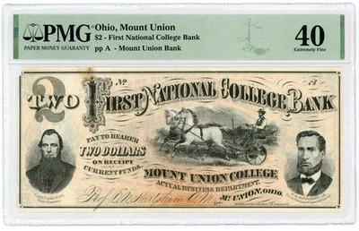 1800's $2 Mount Union College - Mt. Union, OHIO College Currency Note PMG XF 40 - Image 1 of 2