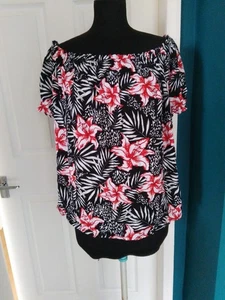 Studio Black Multi Crinkle Effect Short Sleeve Bardot Top - Size 16/18 (D1) - Picture 1 of 5