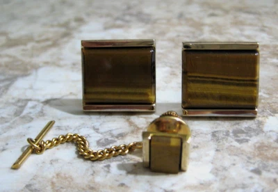 VINTAGE DANTE TIGERS EYE CUFFLINKS & TIE TAC SET GOLDTONE NICE LOOKING - Image 1 of 4