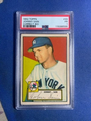 1952 Topps JOHNNY SAIN New York Yankees #49 PSA 1 - Image 1 of 2