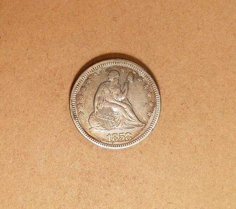 1858-P Seated Quarter Dollar grades VF+/XF, Old Light Clean Cover