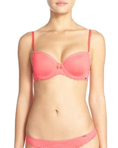 Chantelle Parisian 36D M T-Shirt Bra Thong Set Grapefruit Pink - Picture 1 of 4