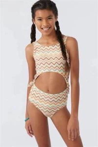 O'Neill Girls 14 Cut Out Lagoon Stripe 1 Pc Swimsuit Orange Khaki Brown - Picture 1 of 4