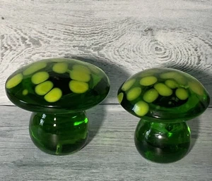 Blenko Art Glass Green Mushrooms Set Of 2 Some UV Glow Dots Only - Picture 1 of 13