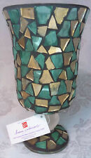Home Interiors Sage Green & Gold Mirrored Mosaic Vase/Candle Holder/NIB