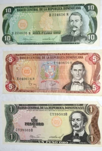 VINTAGE, 3 x DOMINICANA Banknoten (1 + 5 + 10 Pesos unzirkuliert), um 1980 - Bild 1 von 6
