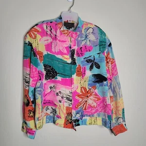 Vintage geblümte Bomberjacke Gr. L 100% Seide gefüttert Reißverschlusstaschen wattierte Schultern - Bild 1 von 7