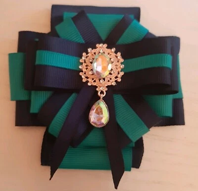 Brosche Anstecknadel Brooch aus Ripsband mit Strass verziert, Blau/Türkis  - Bild 1 von 4