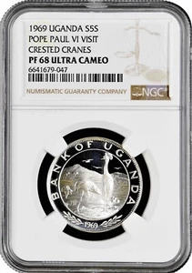 Uganda 5 Shillings 1969, NGC PF68 UC, "Visit Pope Paul VI - Crowned Cranes" - Picture 1 of 2