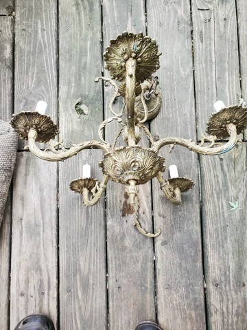 Vintage Spanish brass 5 light fixture Chandelier  W/ Ceiling Fixture & Chain Cover